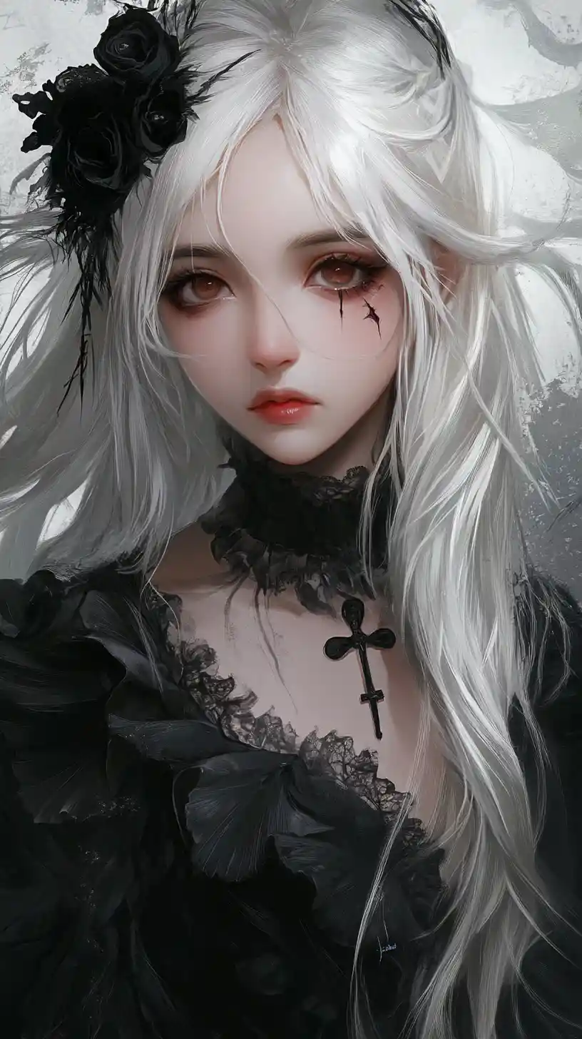 Melancholic anime girl in ornate black gothic dress