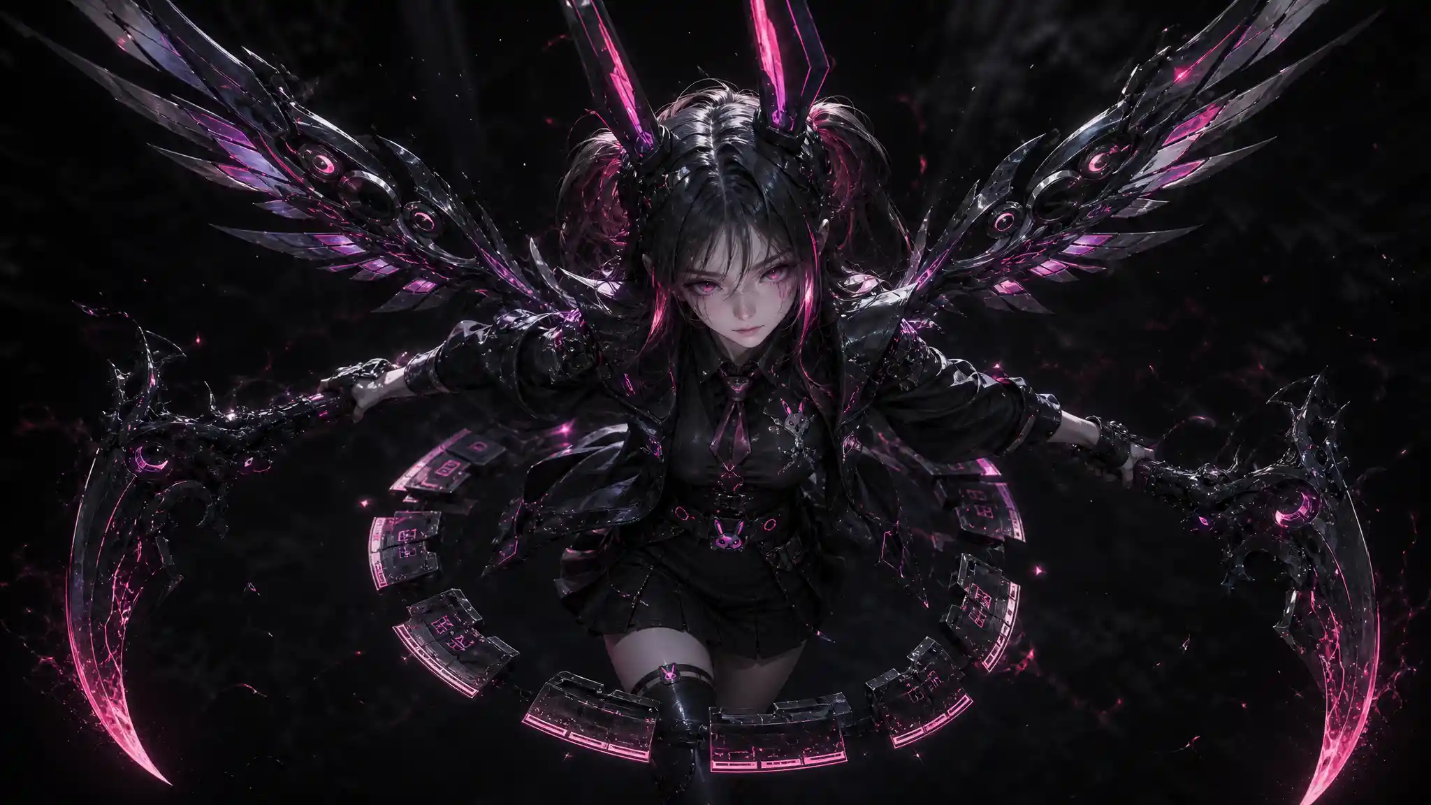 Ragazza cyberpunk con due falci vista dall’alto nel buio