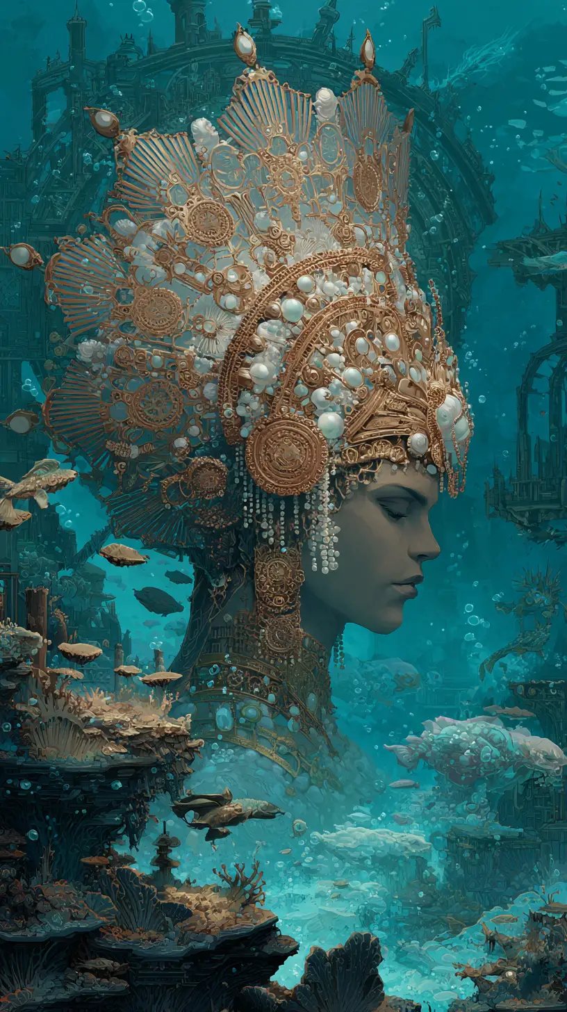 Siren queen on an enchanted island with steampunk crown