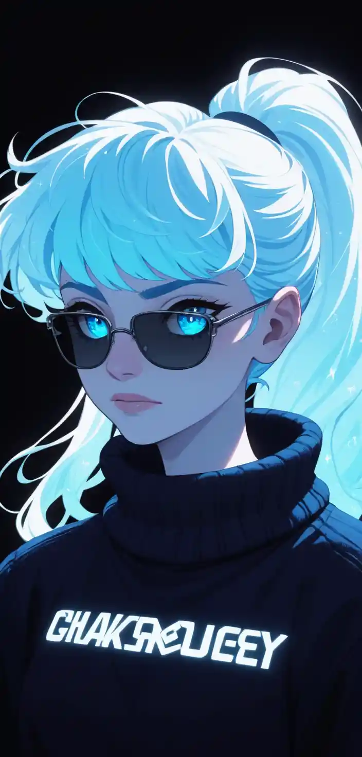Neon lit portrait of a woman with blue eyes and white hair