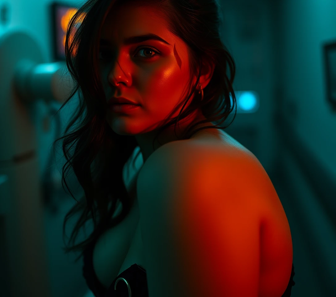 Sensual dark woman in a surreal horror comic scene