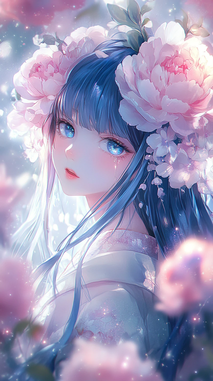 花で飾られた髪のアニメ少女が佇む夢幻に光る庭