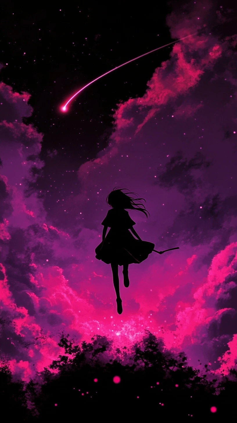 Sad anime girl falling through dark sky with glowing trail