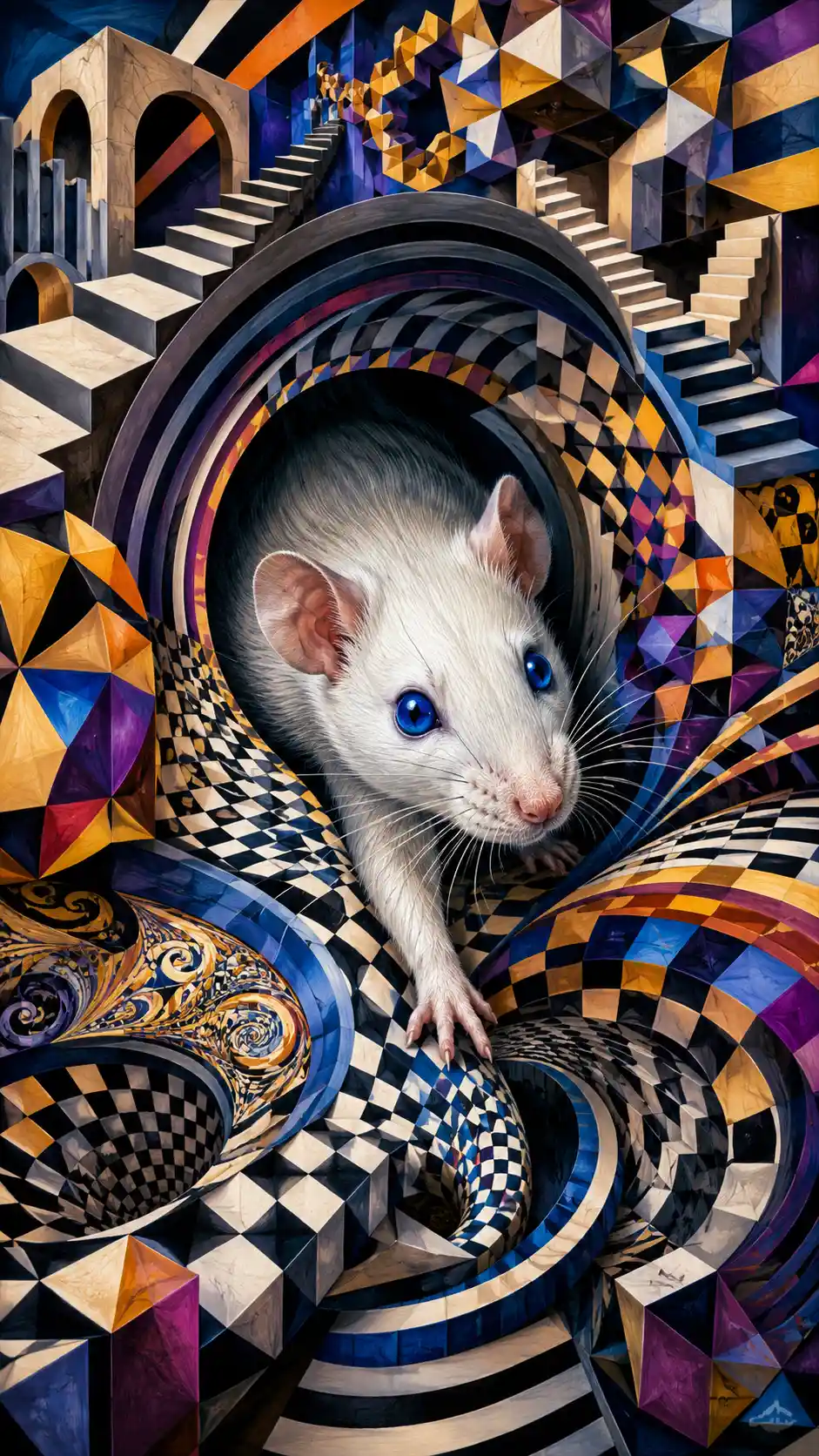 Ratto bianco in un labirinto surreale di illusioni ottiche – illustrazione