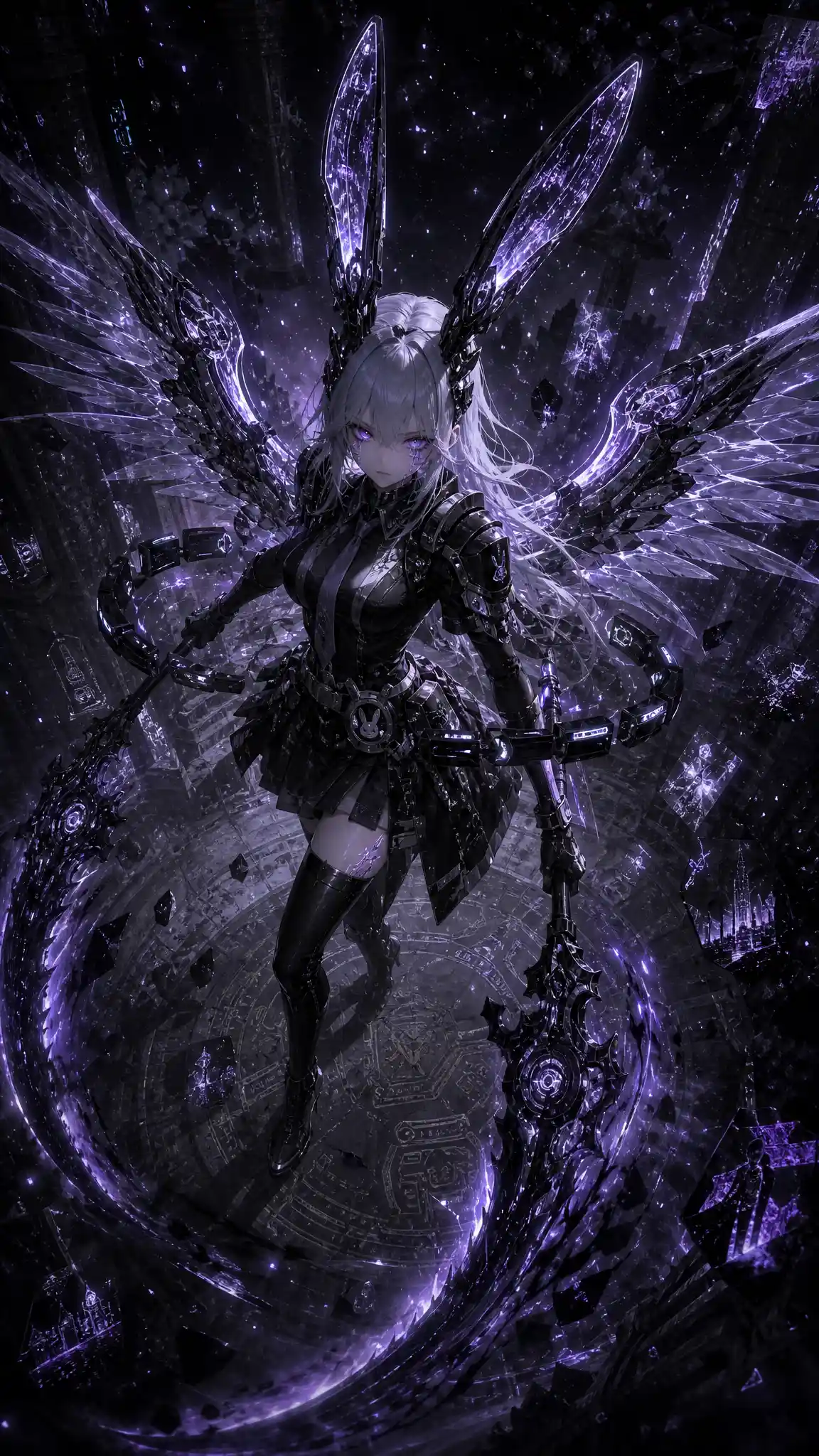 Cybernetic woman guarding a dark futuristic temple