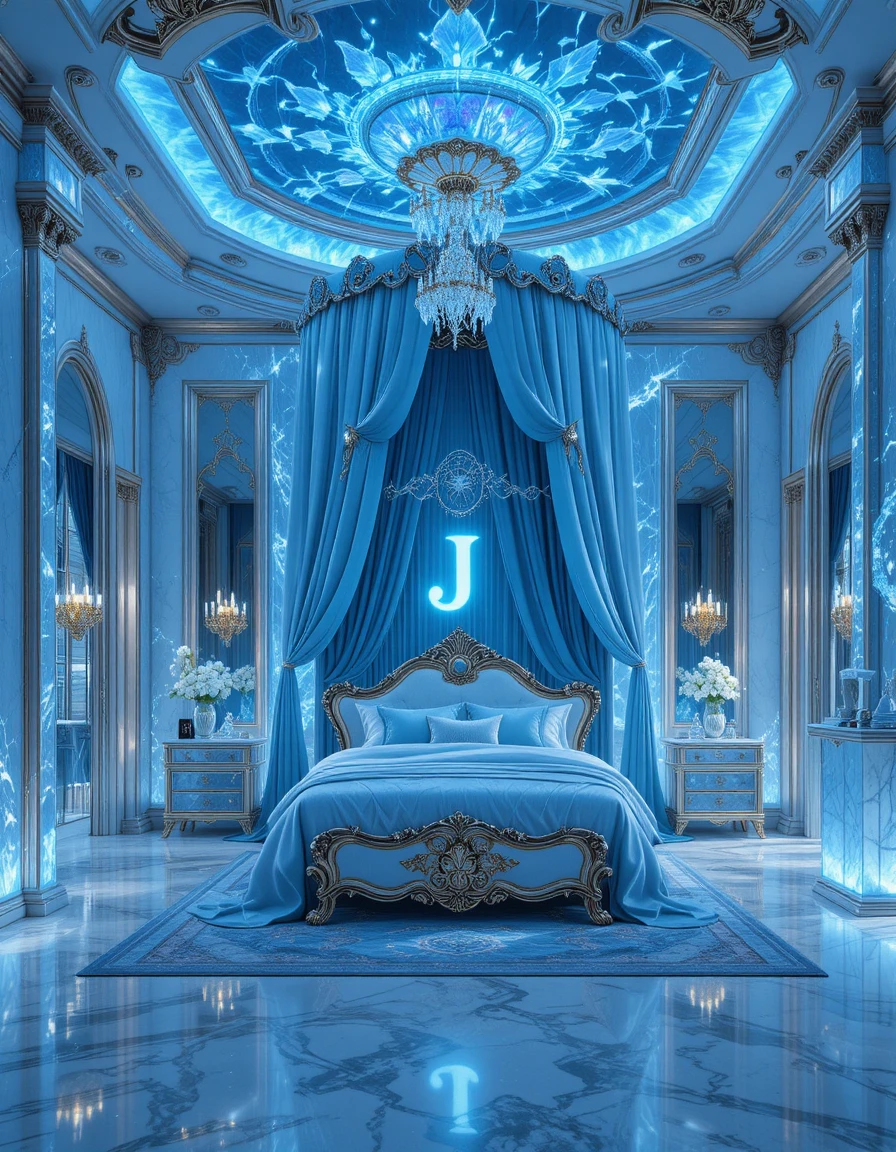 Luxurious sapphire bedroom with crystal ceiling and canopy bed