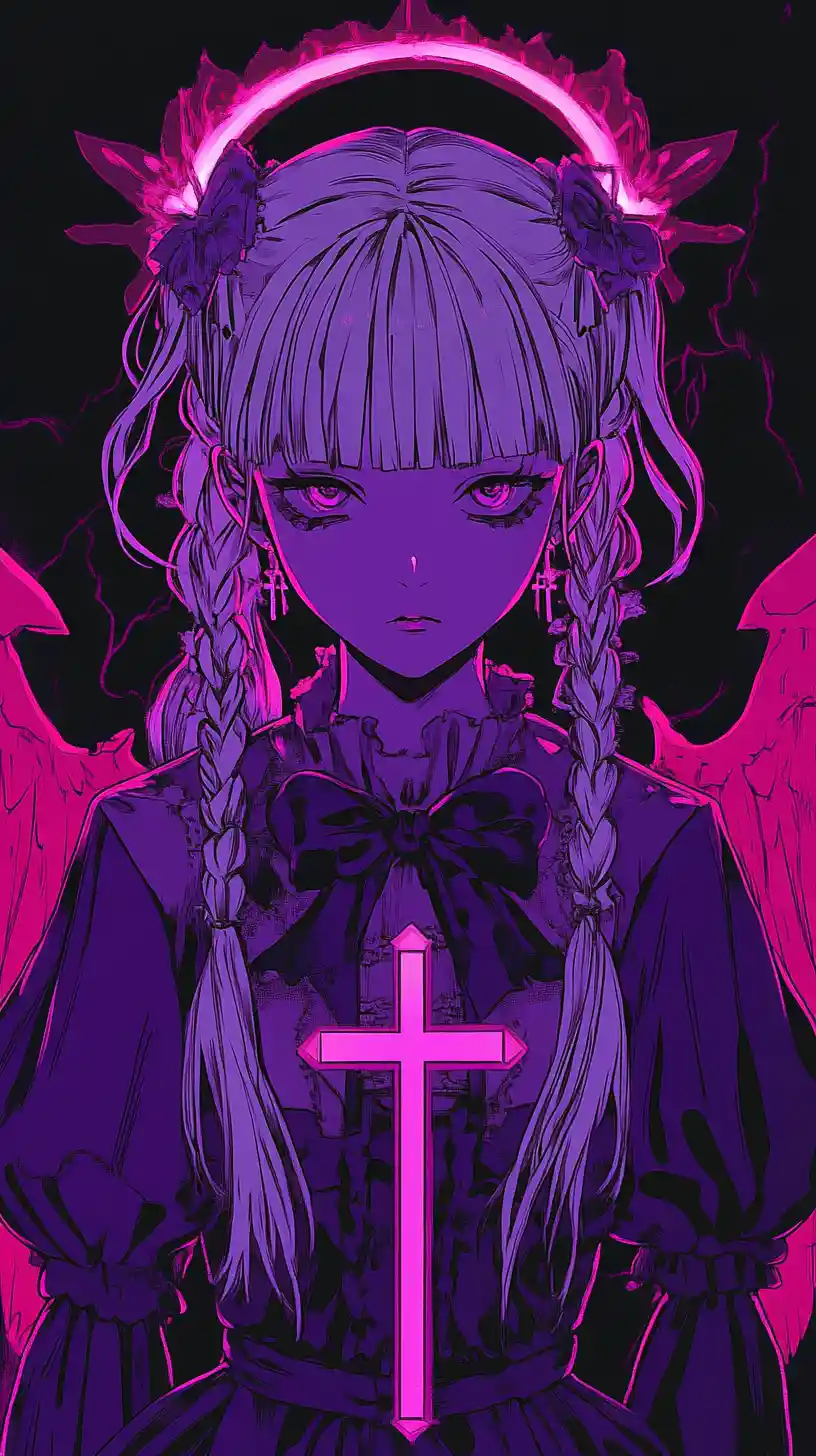 Anime girl with halos and glowing geometric wings