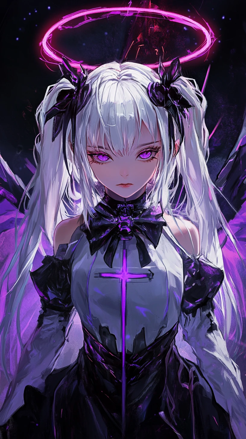 Anime girl with glowing wings and double halo portrait