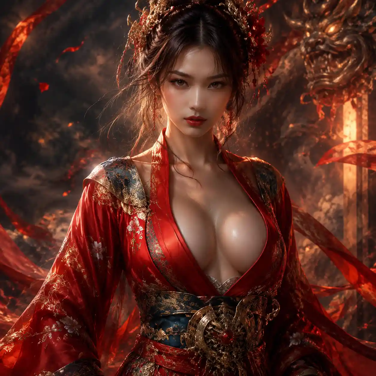 Asian woman in red kimono with cinematic dramatic lighting