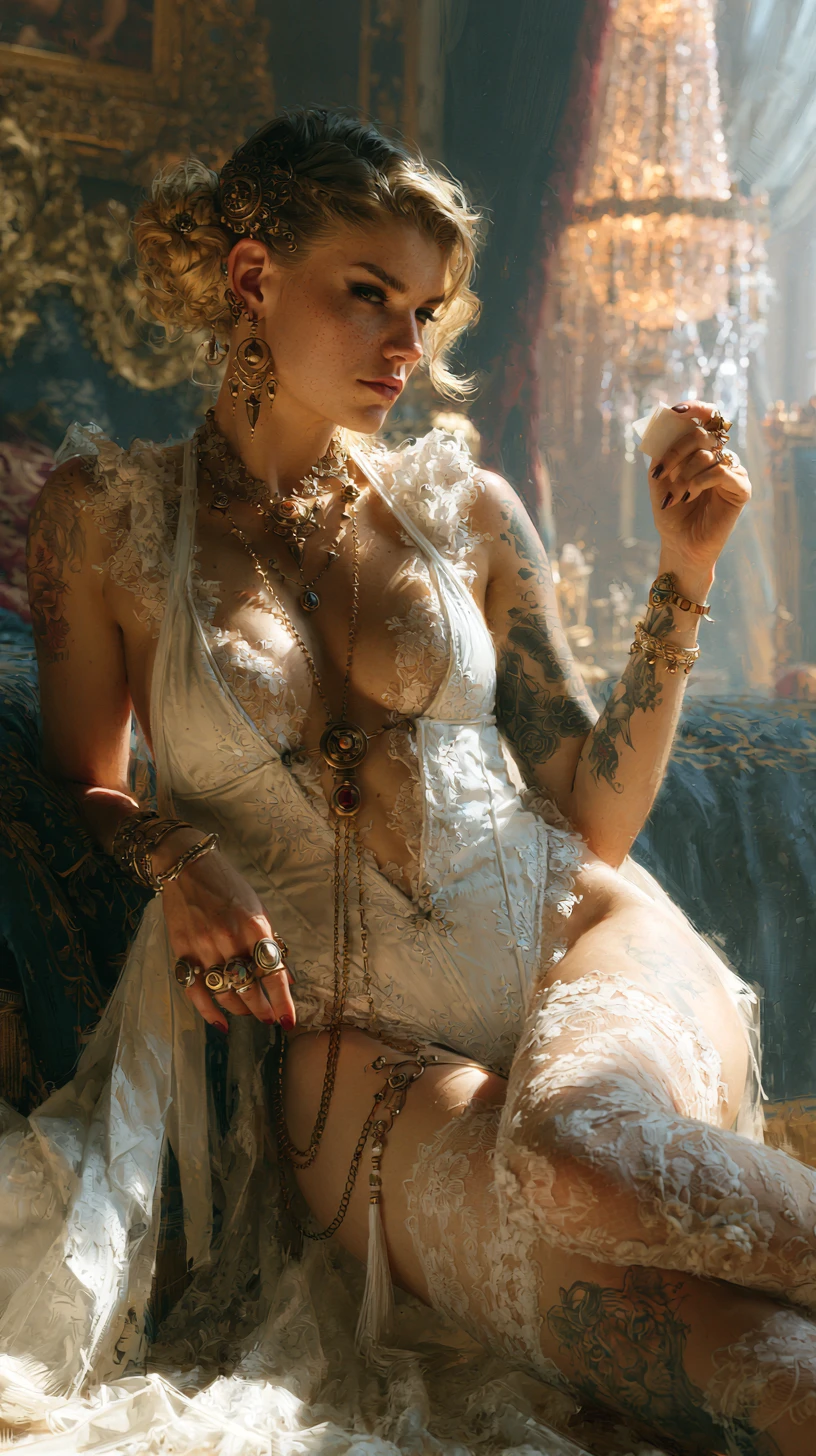 Elegant tattooed woman in a luxurious fantasy bedroom