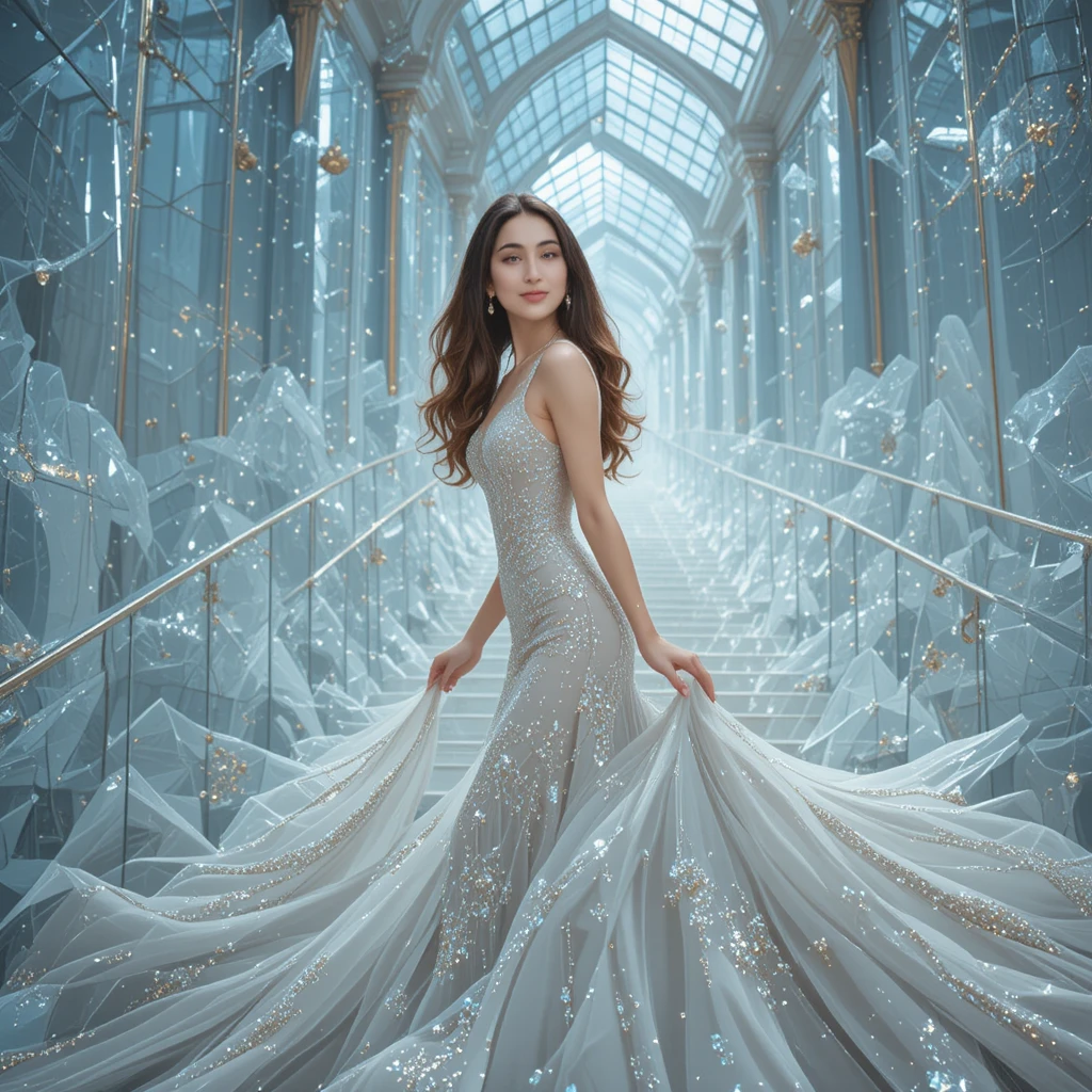 Elegant woman descending a crystal staircase in couture gown
