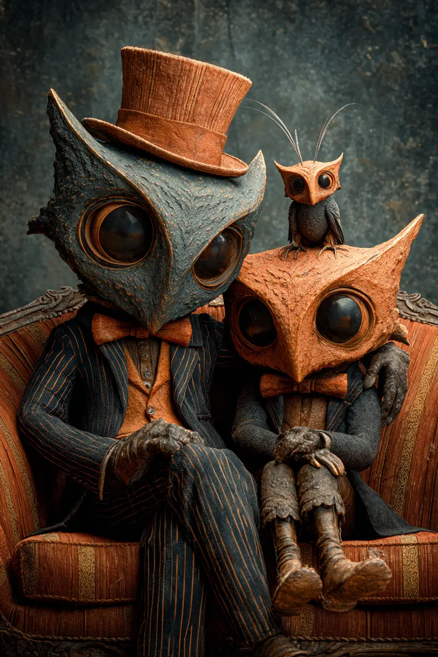 Surreal birdlike figures in striped suits on ornate sofa