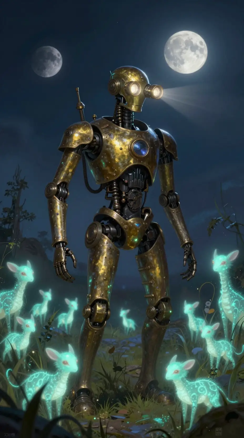Steampunk automaton in a glowing alien field under twin moons