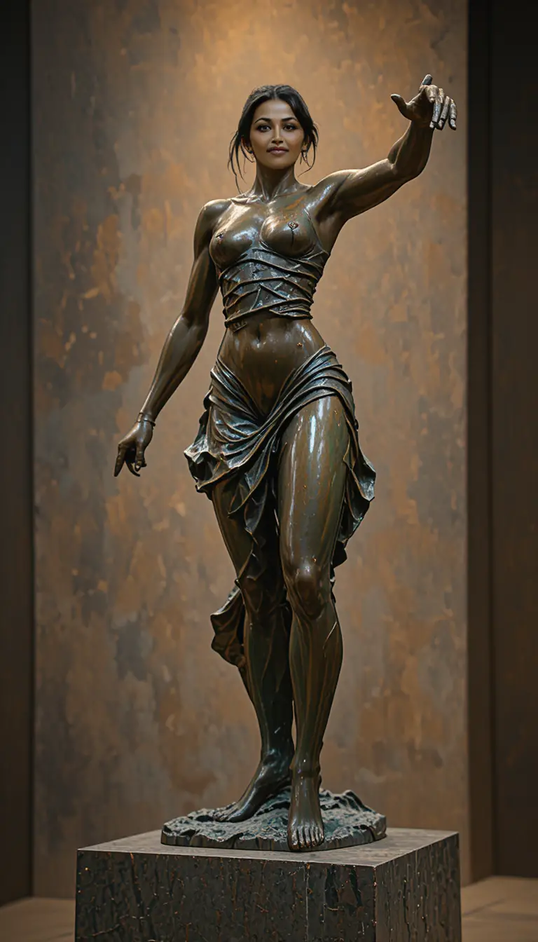 Dynamic bronze sculpture of an athletic woman in mid stride