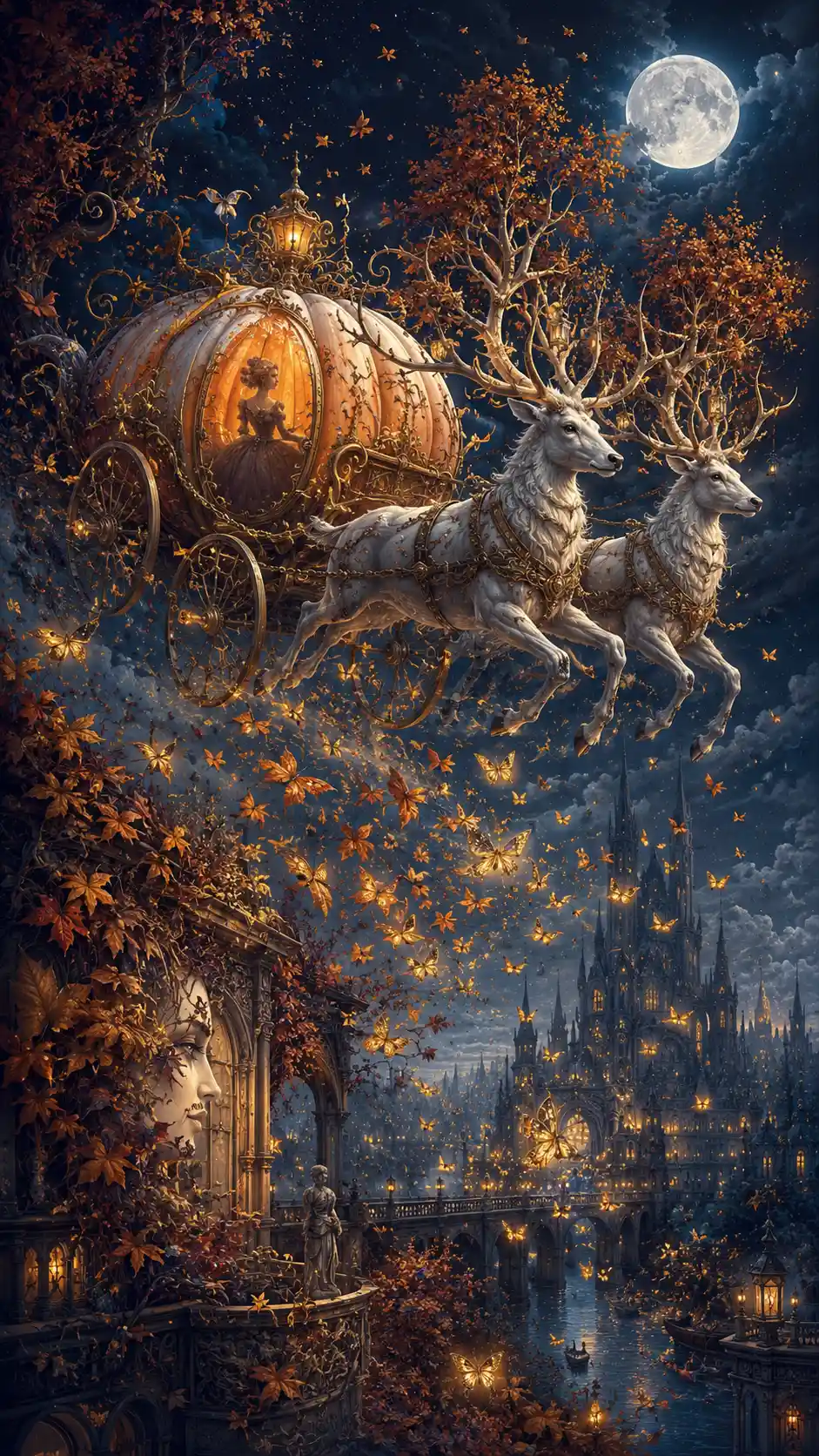 Moonlit pumpkin carriage drifting through an enchanted night sky