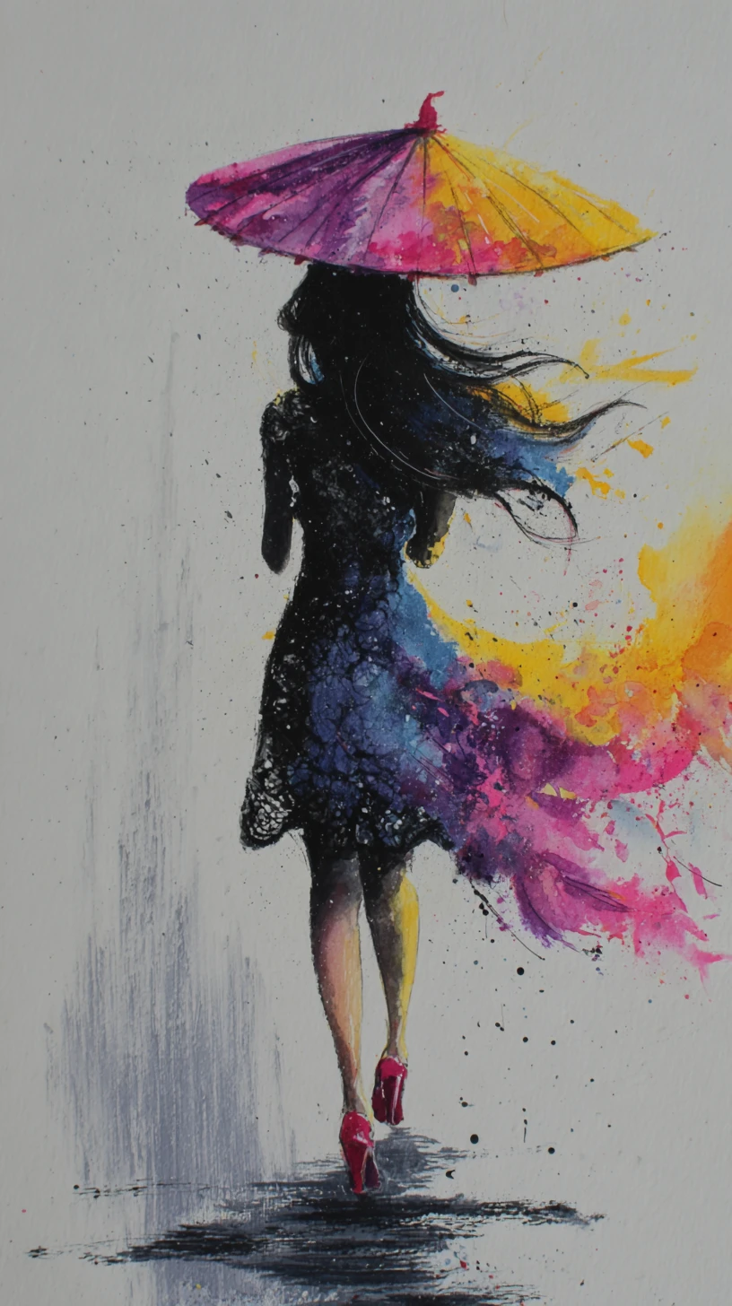 Elegant woman walking with colorful splatter umbrella artwork