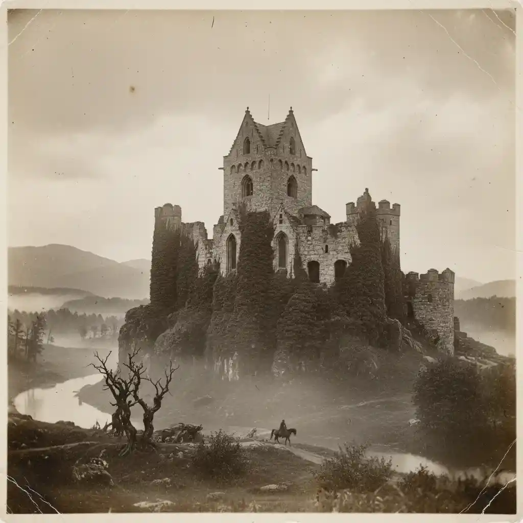 Vintage castle photograph in a misty Swedish landscape
