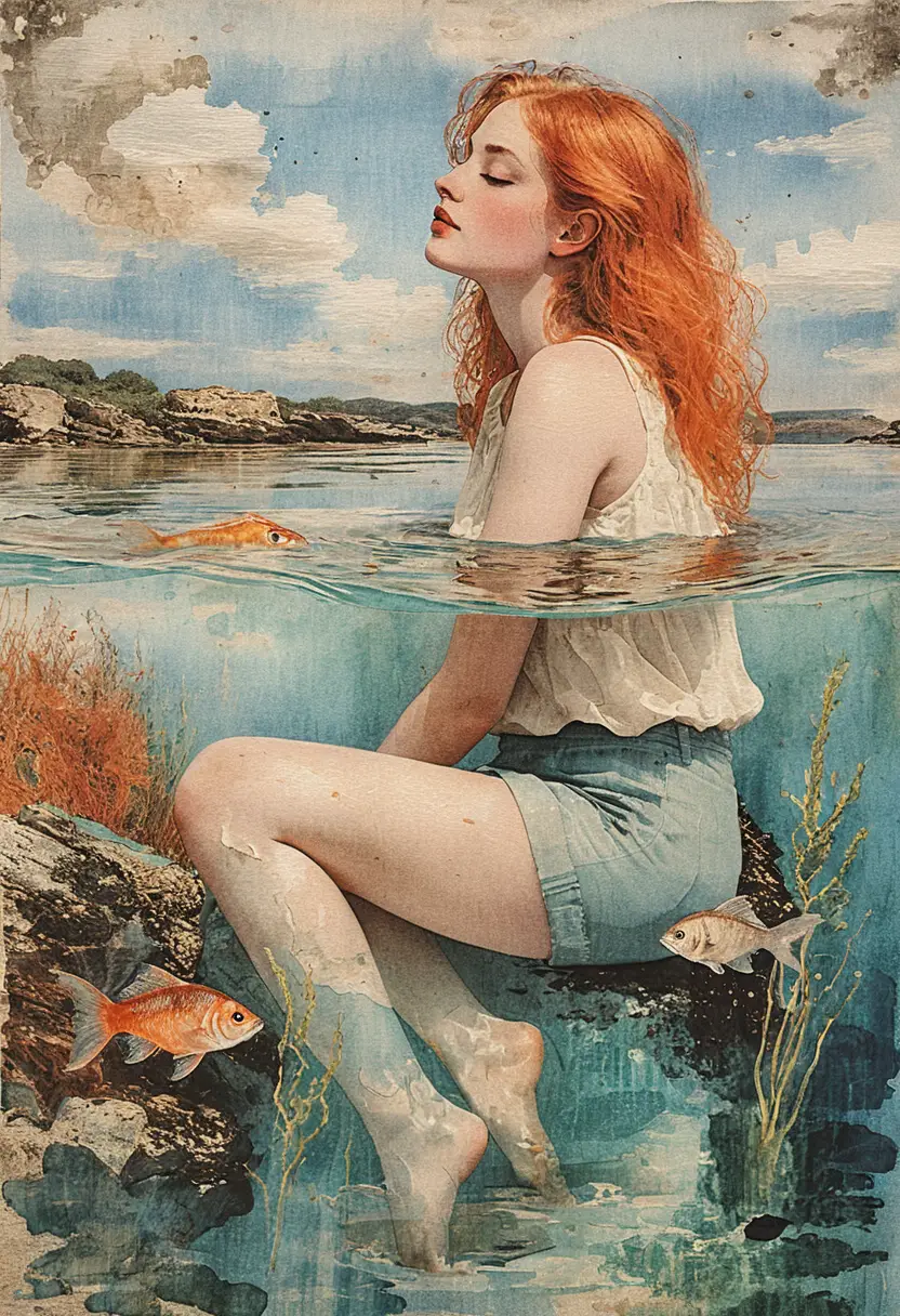Red haired girl dreaming in turquoise split view water scene