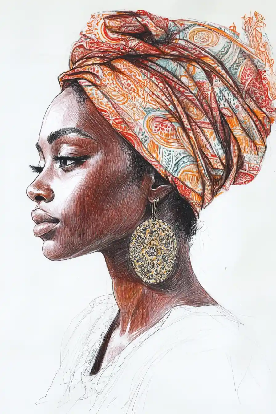 Serene profile drawing of an African woman in patterned headwrap