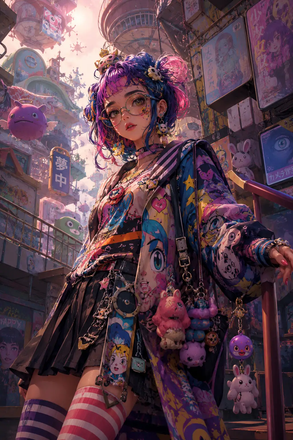 Quirky anime girl in vibrant harajuku inspired 3d scene