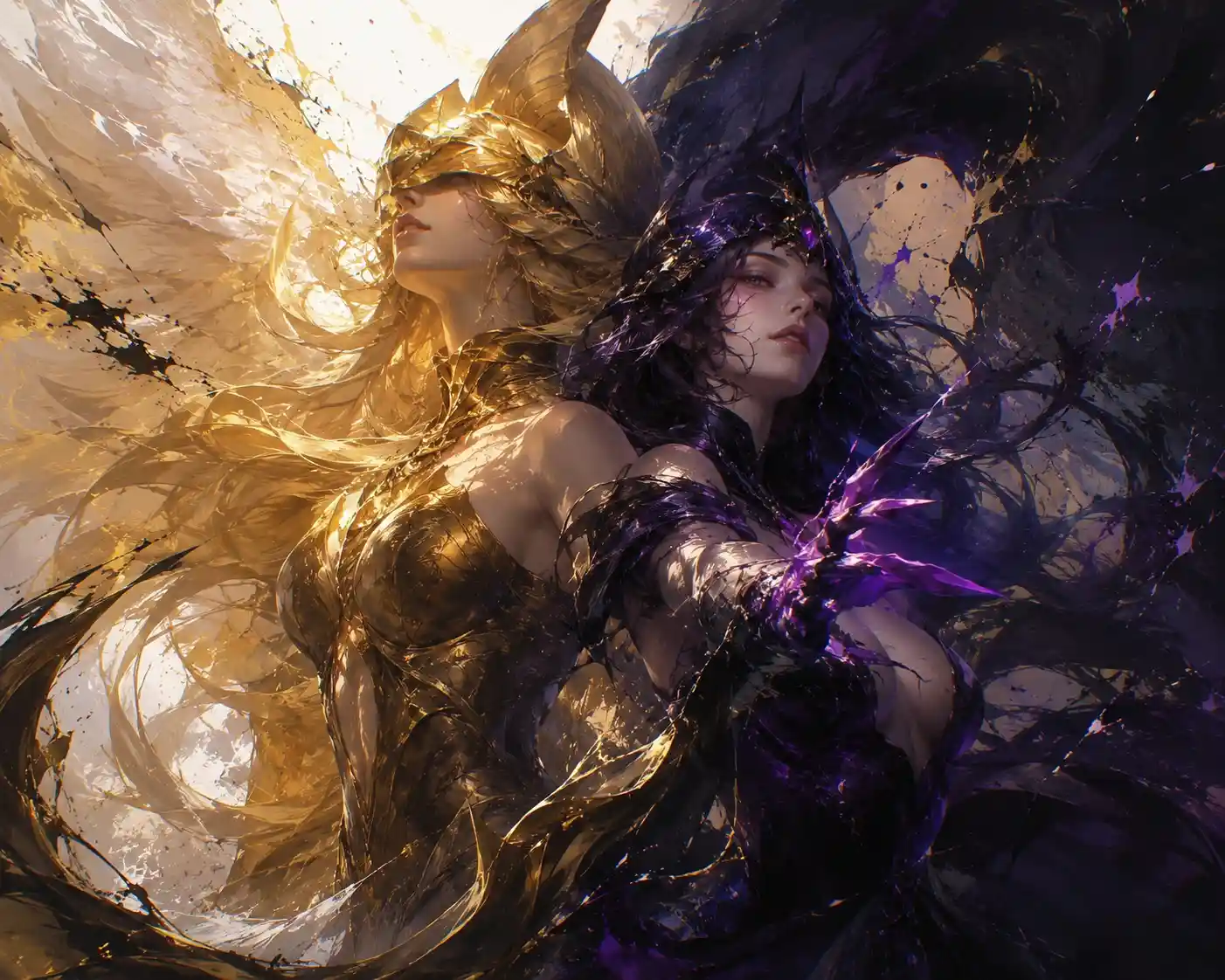 Valorose guerriere angeliche in una drammatica scena di battaglia fantasy