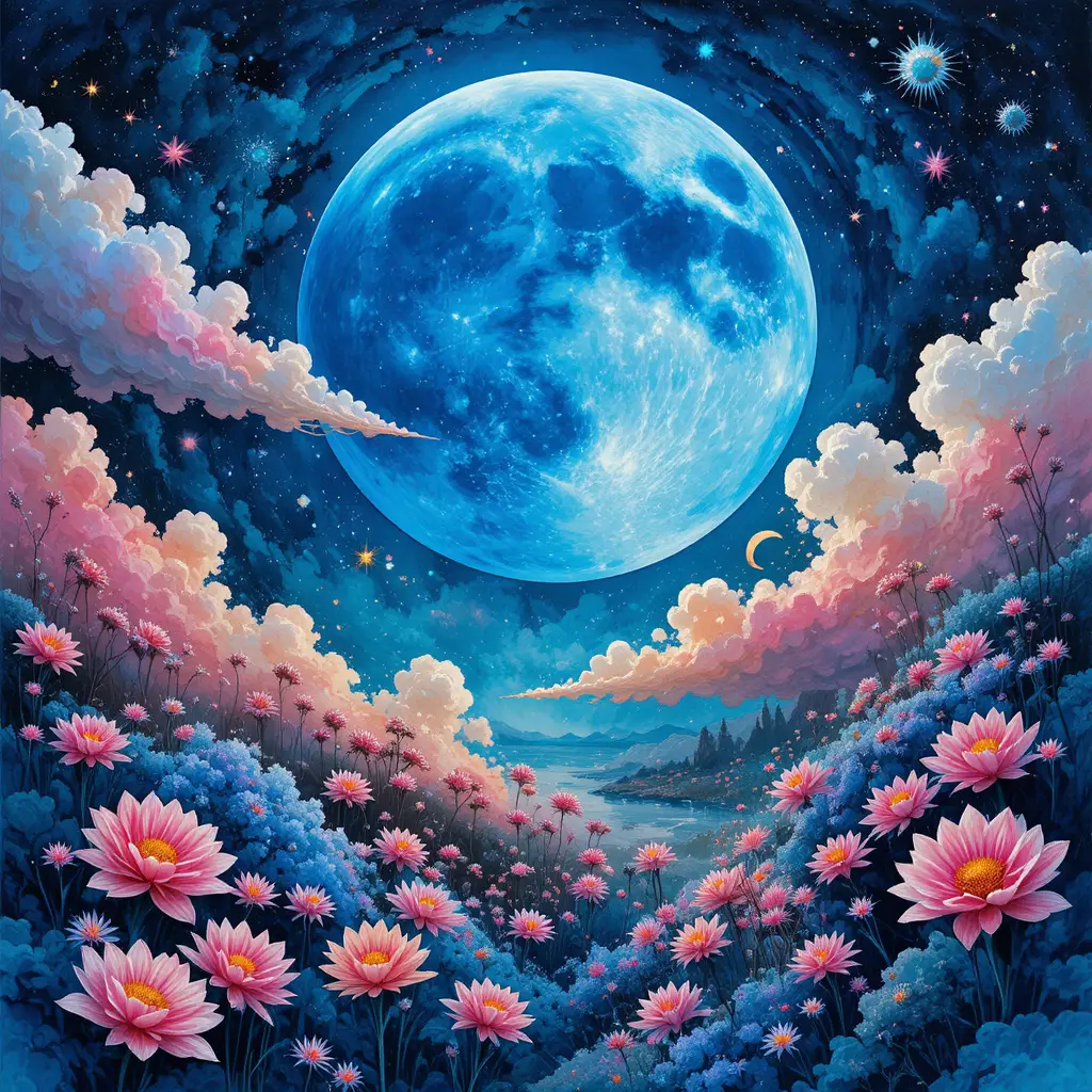 Huge Blue Moon Over Surreal Starry Night Fantasy Landscape