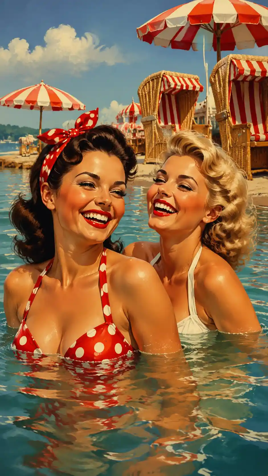 Two happy women swimming near beach chairs and umbrellas