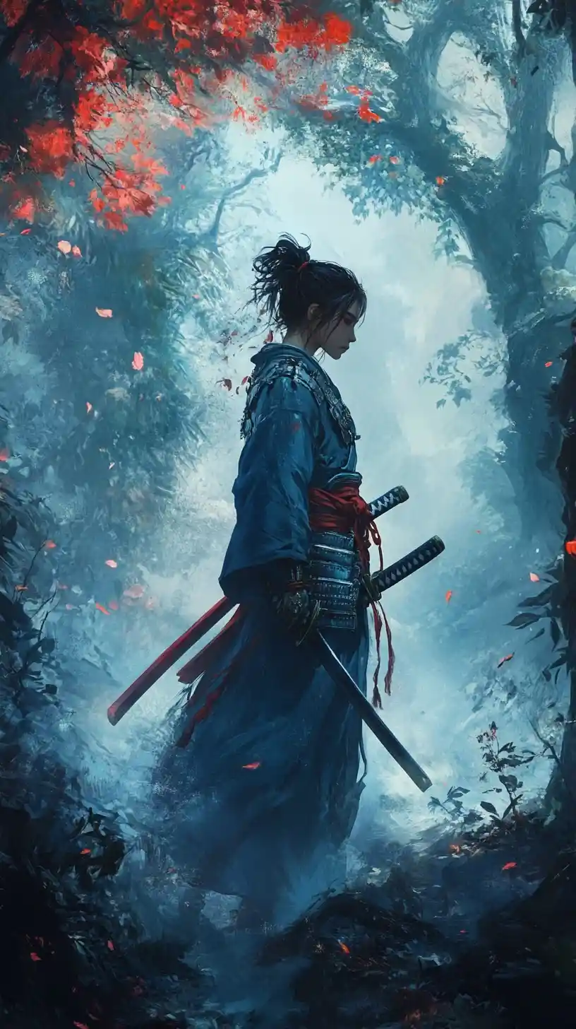 Samurai girl in blue armor beneath a glowing forest jewel