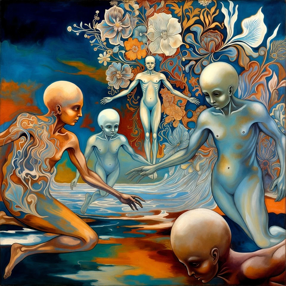 Surreal godhead with hovering beings and floral patterns