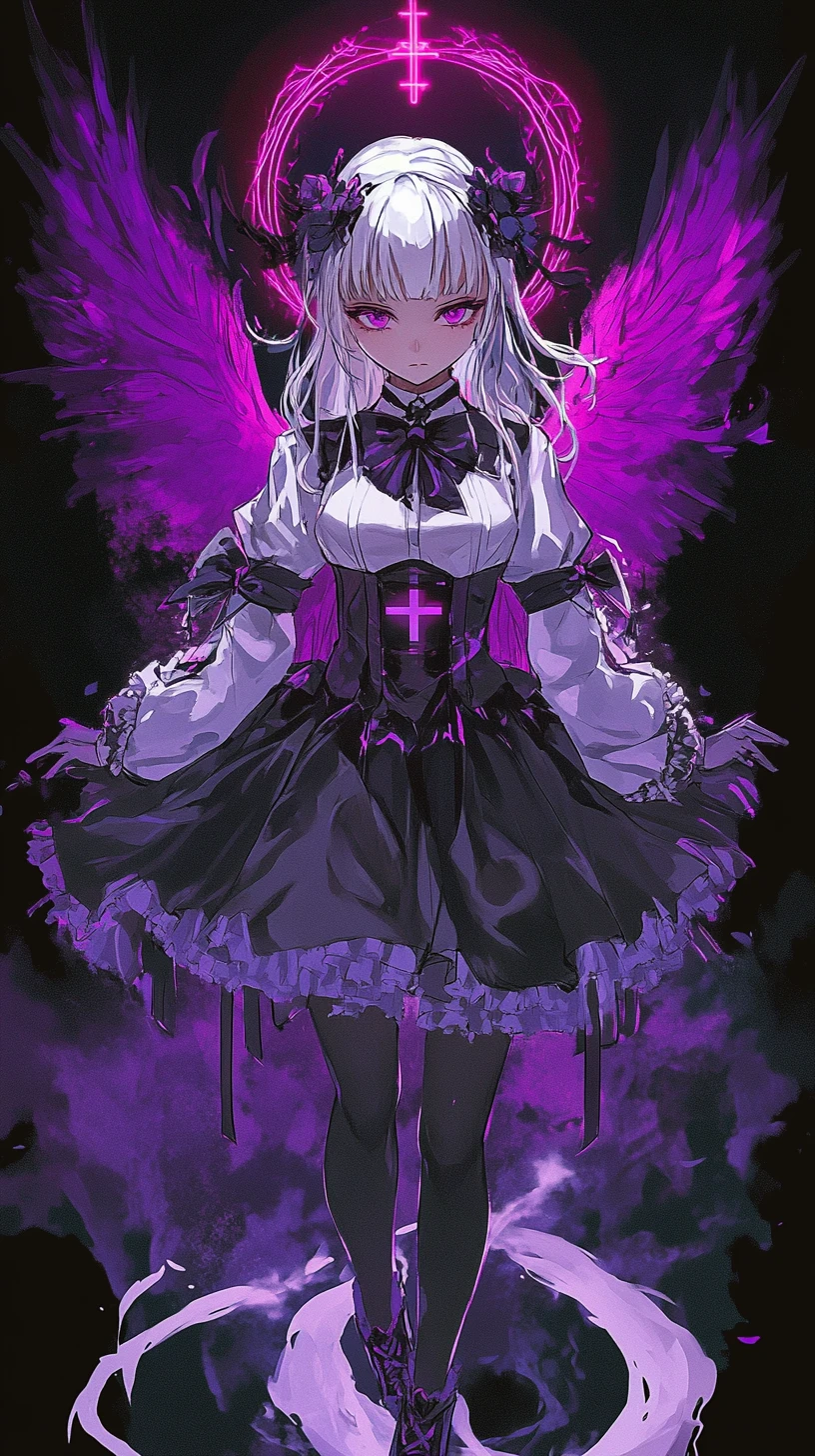Anime girl with glowing halos and geometric wings