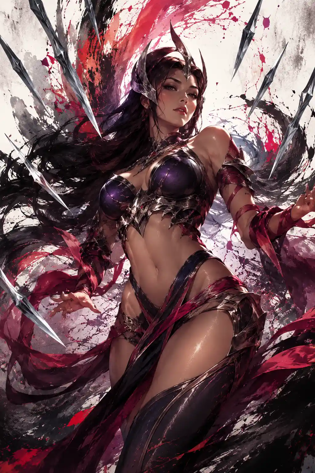 Steel gleaming fantasy warrior woman in flowing colored light