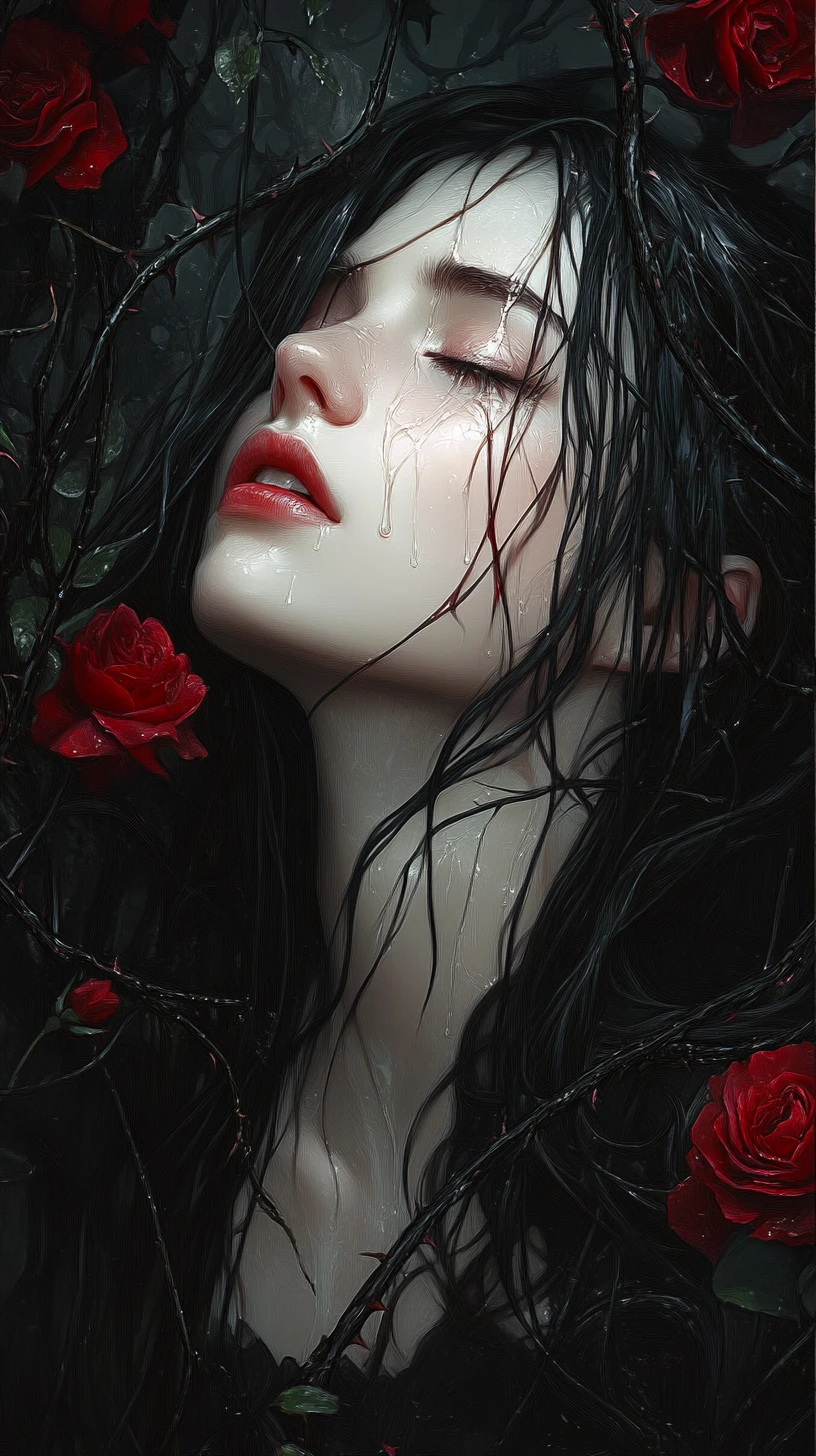 Sad girl among thorny vines and dark red roses