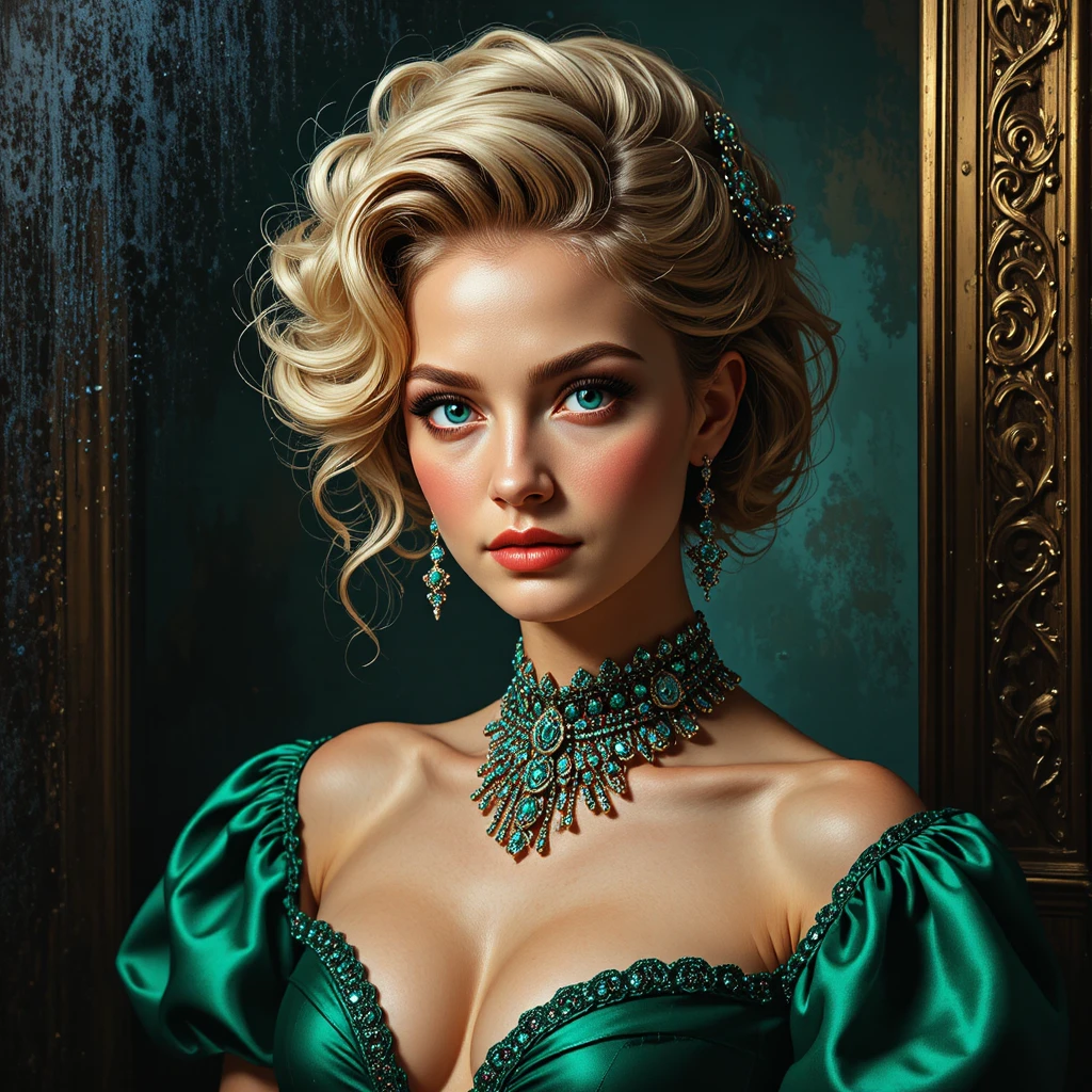 Noble blonde girl in emerald baroque ball gown portrait