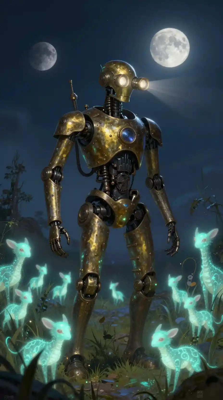 Steampunk automaton in a glowing alien field under twin moons