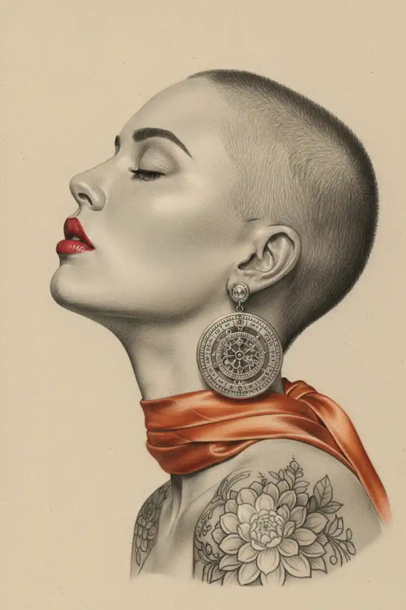 Graphite profile portrait of shaved head woman with red lips