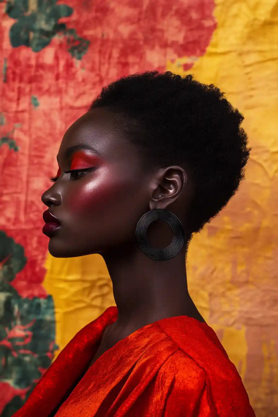 Profile portrait of a black woman in orange draped fabric