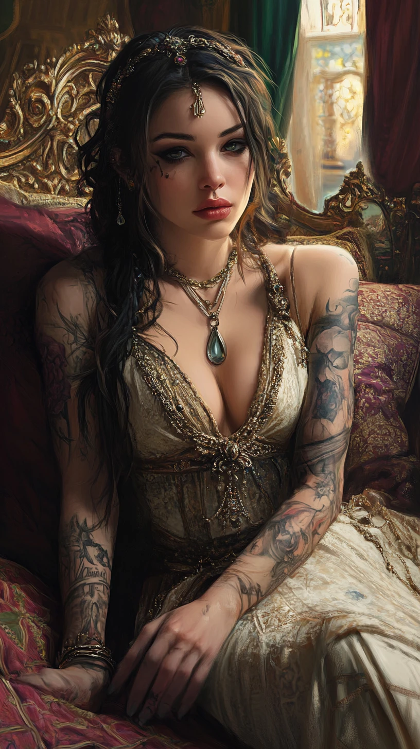 Verführerische tätowierte Frau in luxuriösem Fantasy-Schlafzimmer