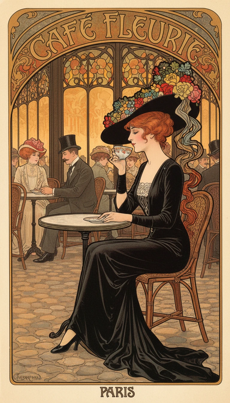 Elegant woman in black gown at Parisian art nouveau cafe