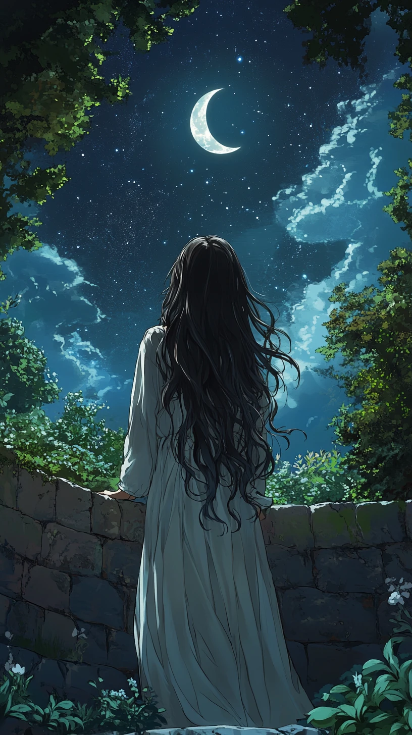 Girl gazing up at a crescent moon in a quiet garden