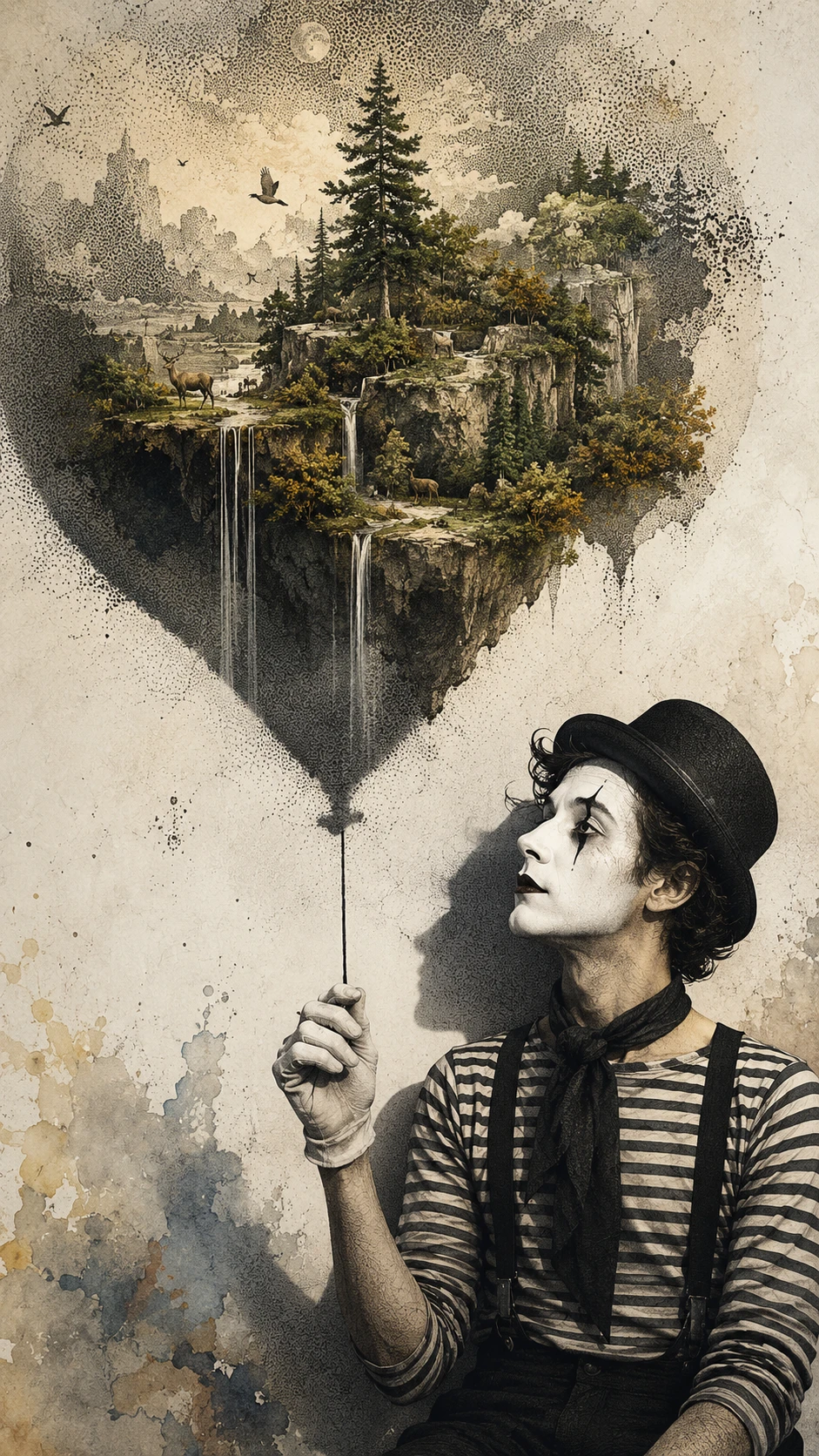 Mime With Invisible Balloon Casting A Surreal Floating Island Shadow