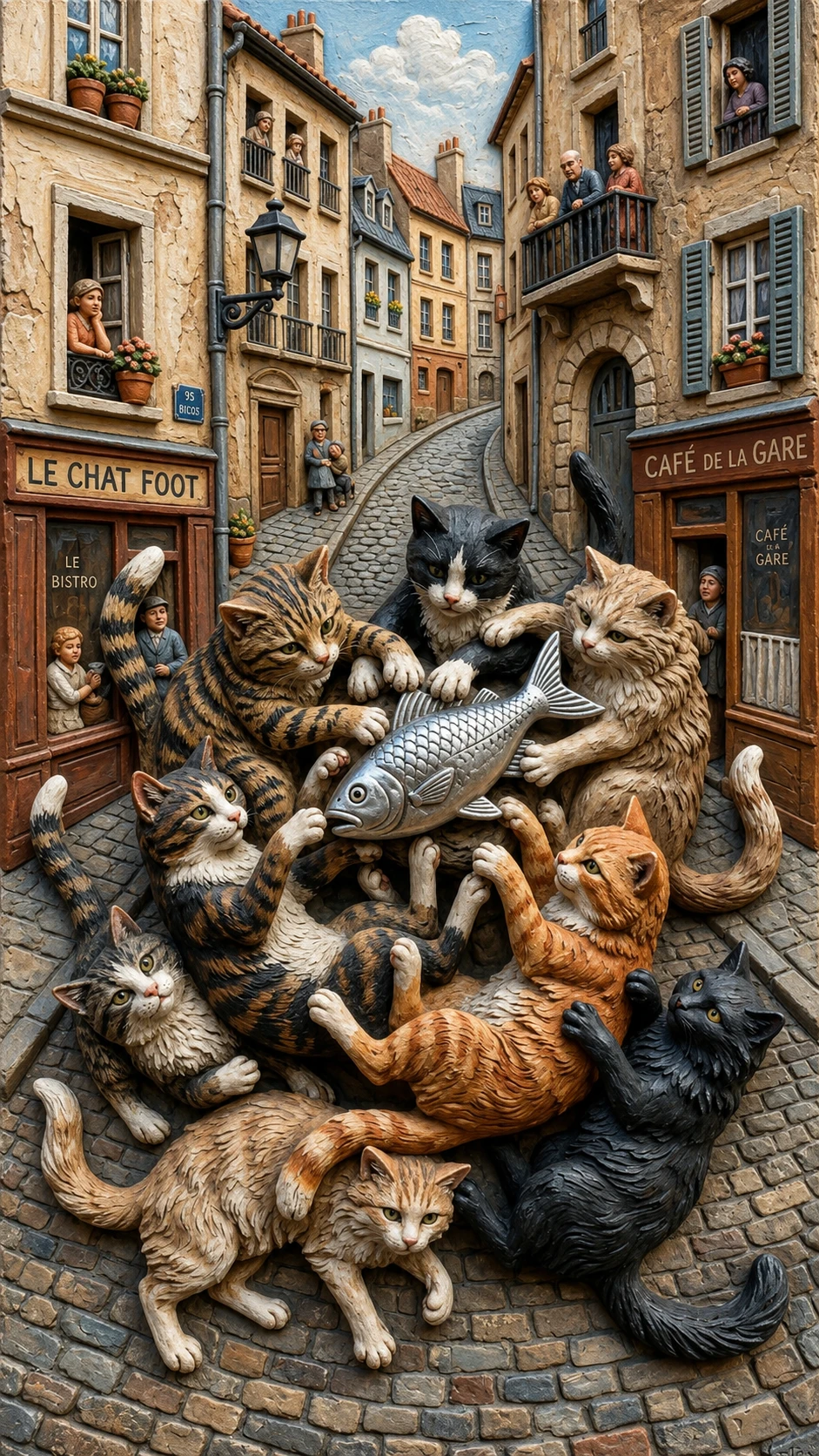 Playful cats chase a silver fish ball on city street