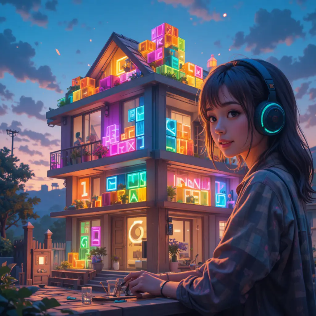 Anime gamer girl building a glowing tetris block house