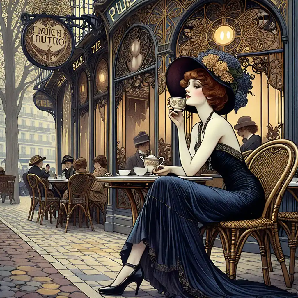 Elegante Frau im Pariser Café im Jugendstil