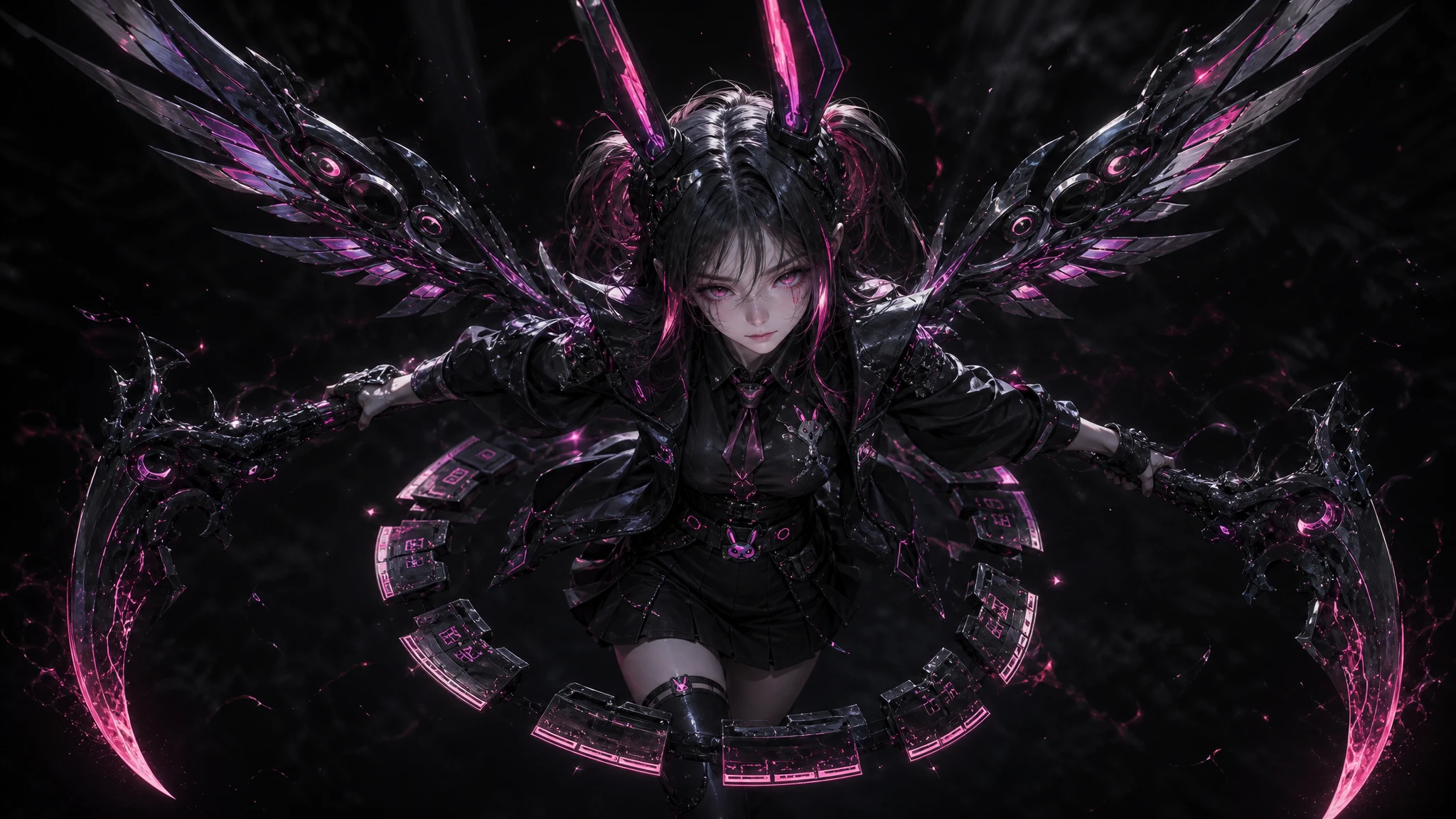 Cyberpunk girl with twin scythes in dark high angle view