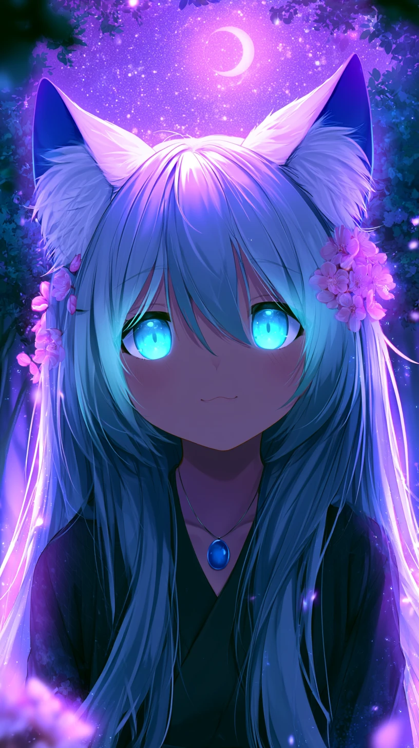 Anime cat girl under a crescent moon in mystical forest