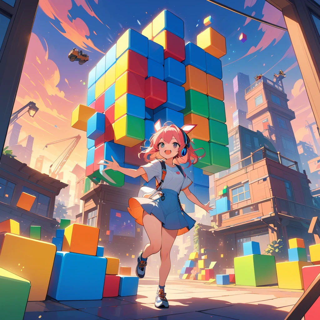 Anime gamer girl building a glowing Tetris block house