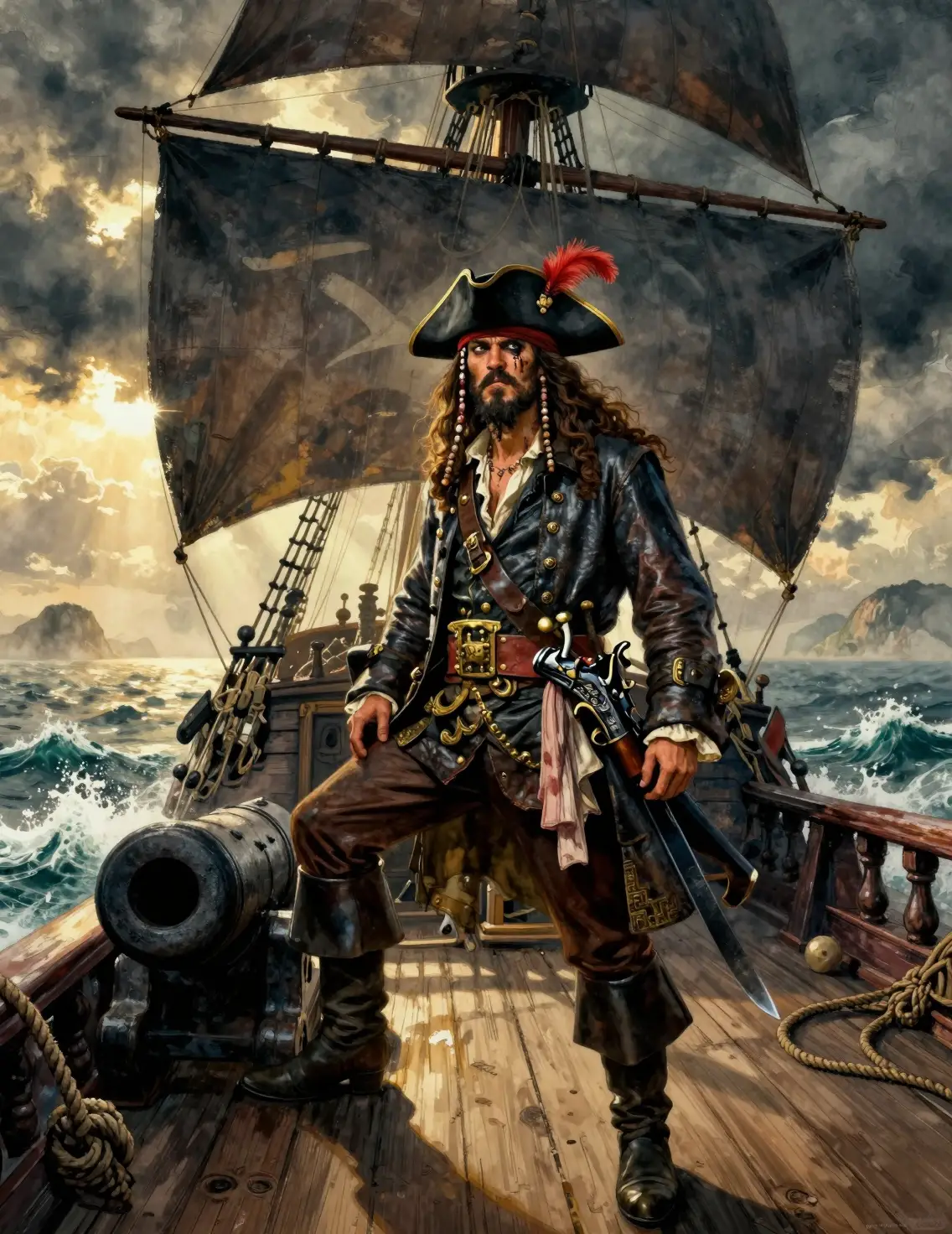 Pirate captain on deck overlooking a stormy sea
