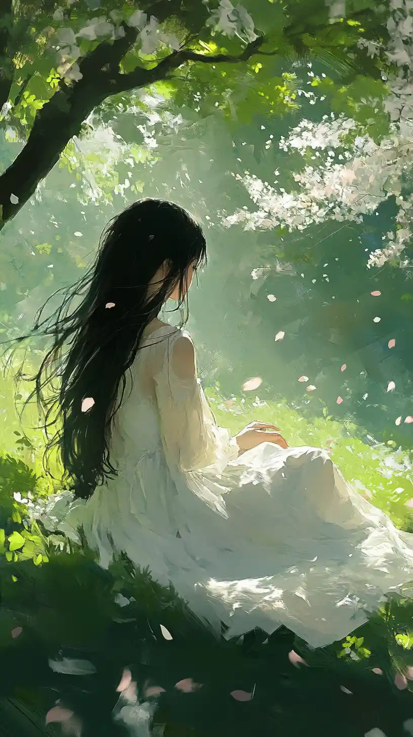 Anime girl in white dress beneath cherry blossom trees