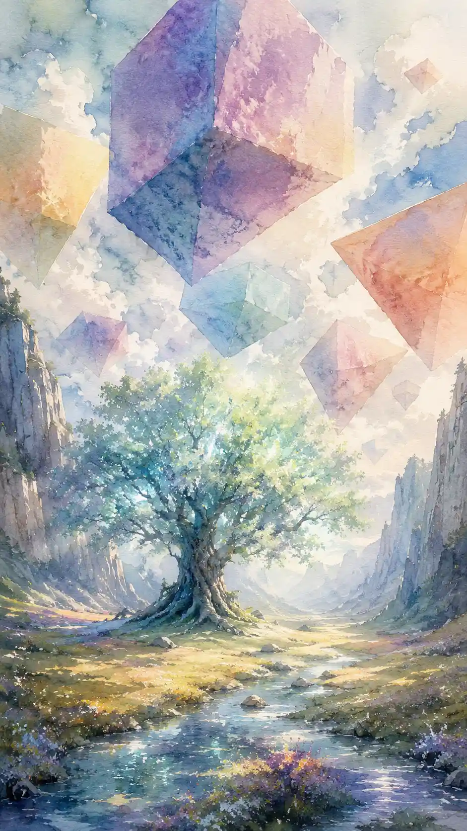 Serene Watercolor Valley With Ancient Glowing Tree