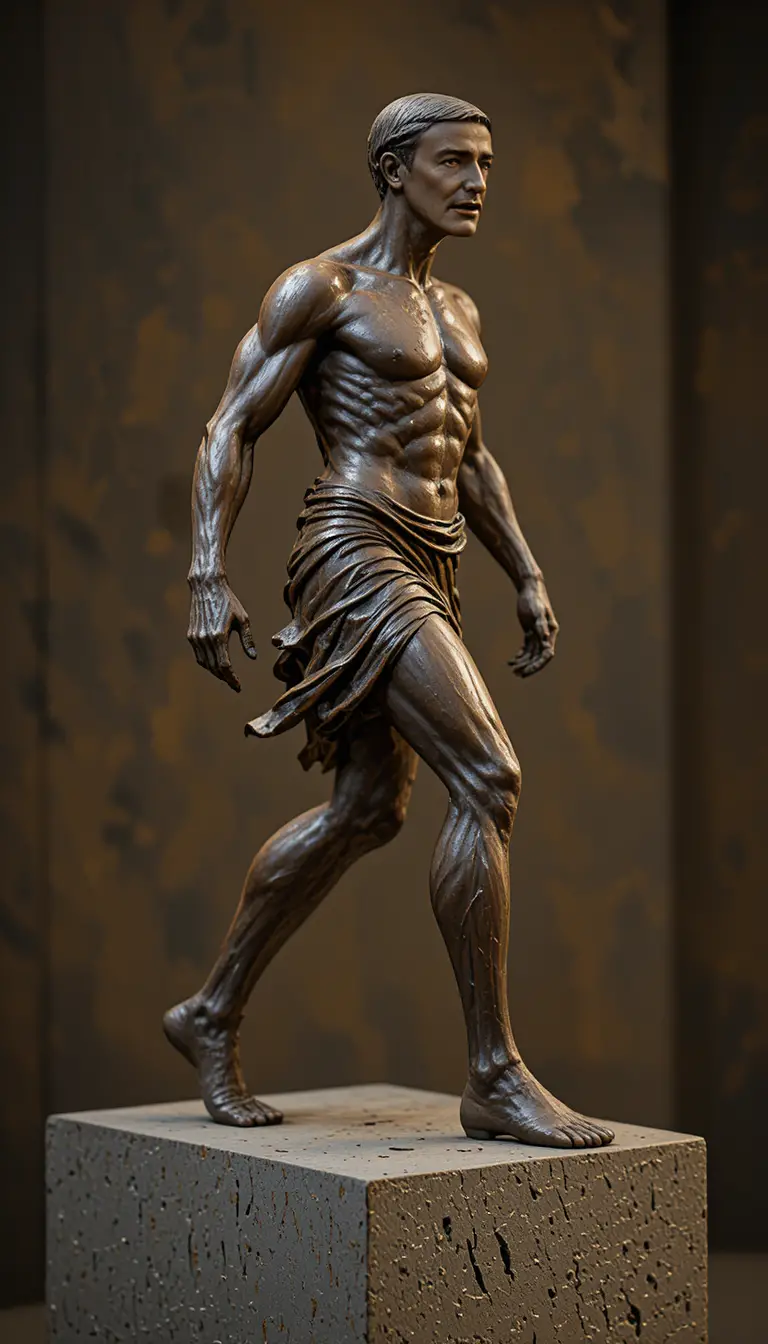 Bronze sculpture of a determined man striding forward in profile